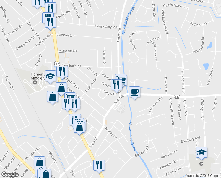 map of restaurants, bars, coffee shops, grocery stores, and more near 724 Spruce Road in Newport News
