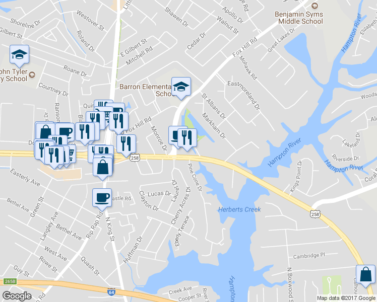 map of restaurants, bars, coffee shops, grocery stores, and more near 63 East Mercury Boulevard in Hampton