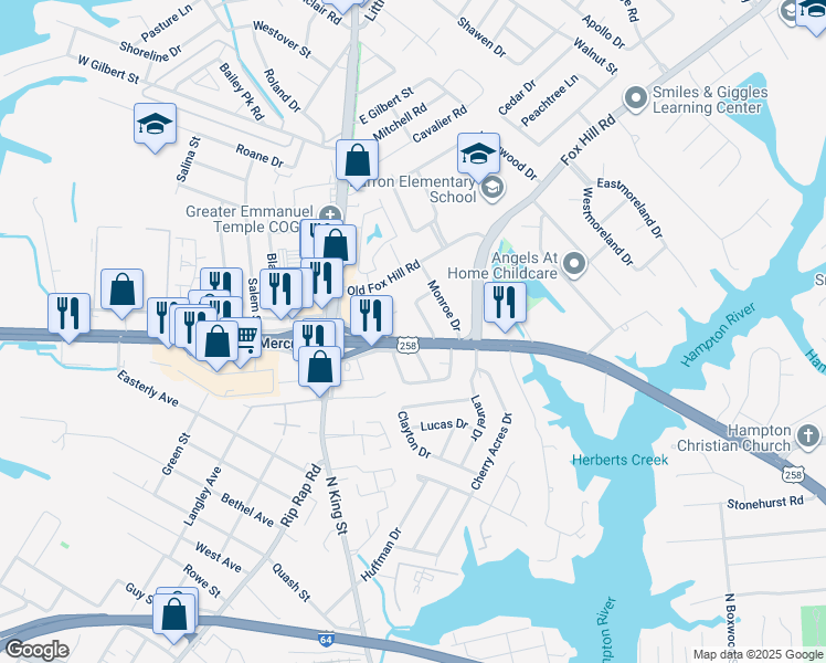 map of restaurants, bars, coffee shops, grocery stores, and more near 33 East Mercury Boulevard in Hampton