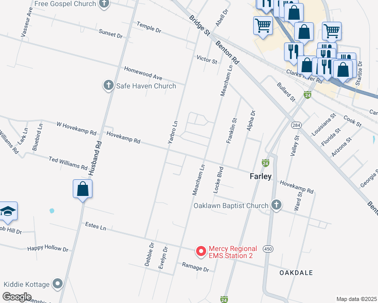 map of restaurants, bars, coffee shops, grocery stores, and more near 2820 Hovekamp Road in Paducah
