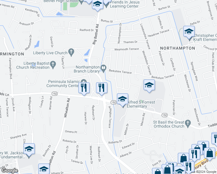 map of restaurants, bars, coffee shops, grocery stores, and more near 906 Big Bethel Road in Hampton