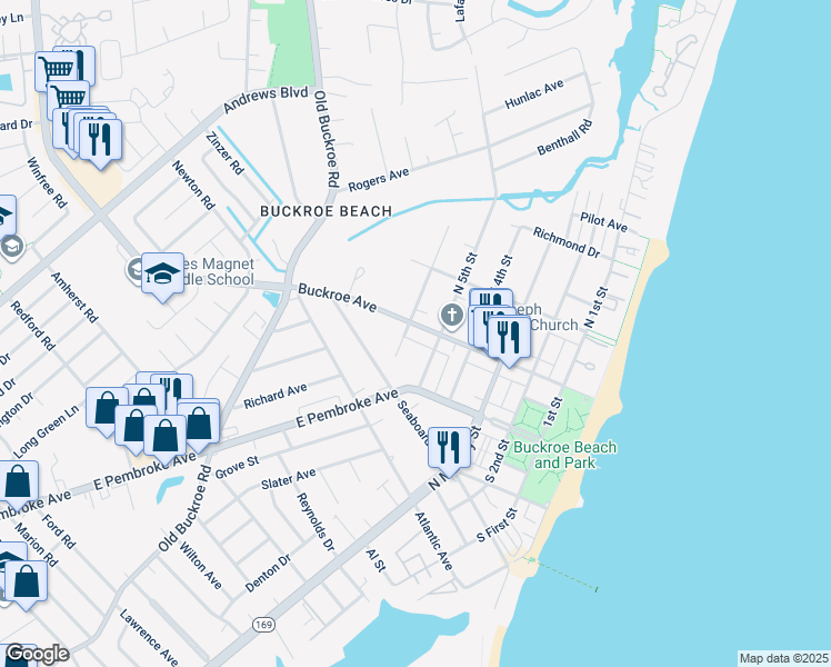 map of restaurants, bars, coffee shops, grocery stores, and more near 517 Buckroe Avenue in Hampton