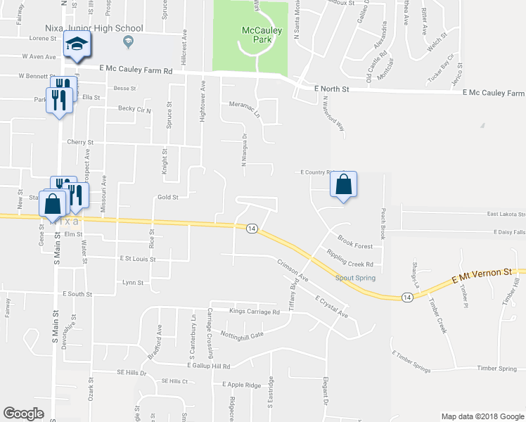 map of restaurants, bars, coffee shops, grocery stores, and more near 640 East Spring Valley Circle in Nixa