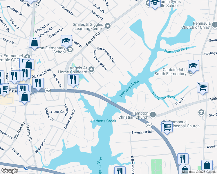 map of restaurants, bars, coffee shops, grocery stores, and more near 20 Curle Road in Hampton