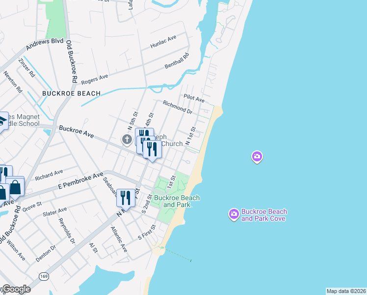 map of restaurants, bars, coffee shops, grocery stores, and more near 201 North 1st Street in Hampton