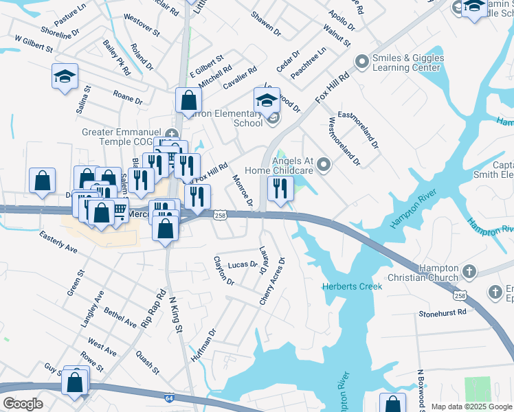 map of restaurants, bars, coffee shops, grocery stores, and more near 2 Monroe Drive in Hampton
