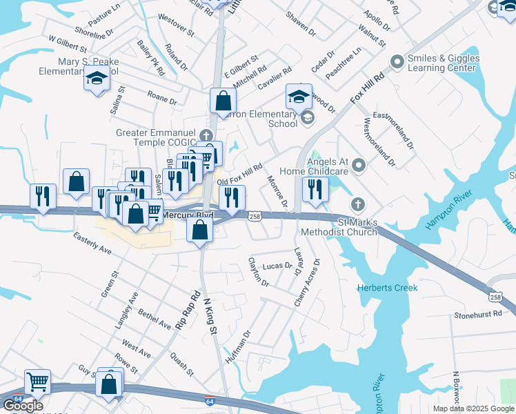 map of restaurants, bars, coffee shops, grocery stores, and more near 33 East Mercury Boulevard in Hampton