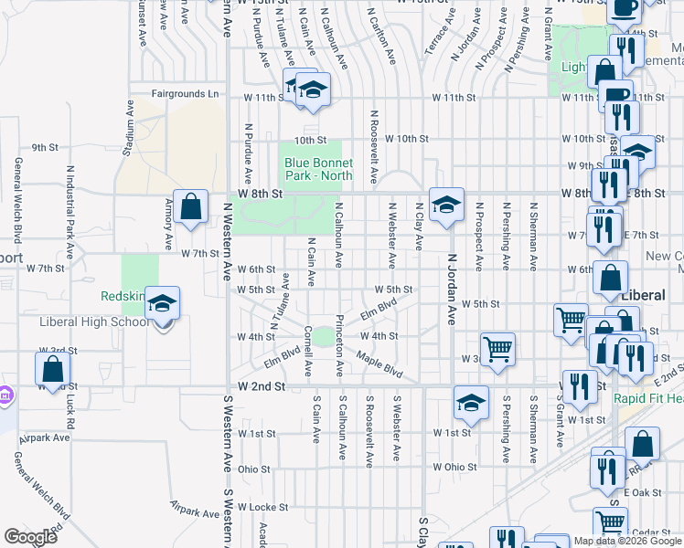 map of restaurants, bars, coffee shops, grocery stores, and more near 950 West 6th Street in Liberal
