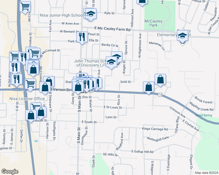 map of restaurants, bars, coffee shops, grocery stores, and more near 404 Pace Court in Nixa