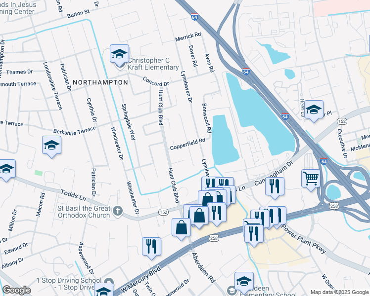 map of restaurants, bars, coffee shops, grocery stores, and more near 15 Keeton Court in Hampton