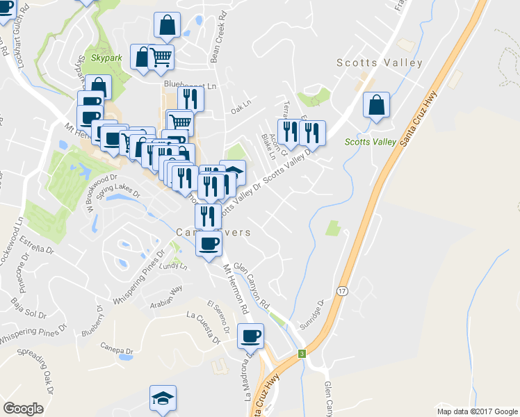 map of restaurants, bars, coffee shops, grocery stores, and more near 30 Angela Court in Scotts Valley