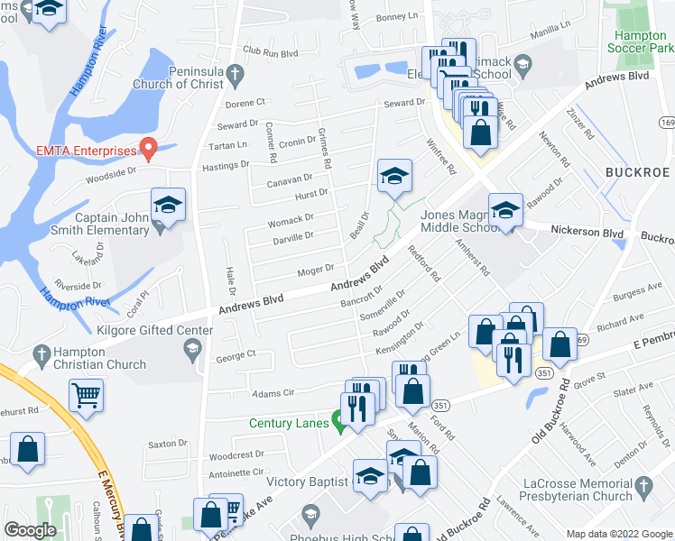 map of restaurants, bars, coffee shops, grocery stores, and more near 1834 Moger Drive in Hampton