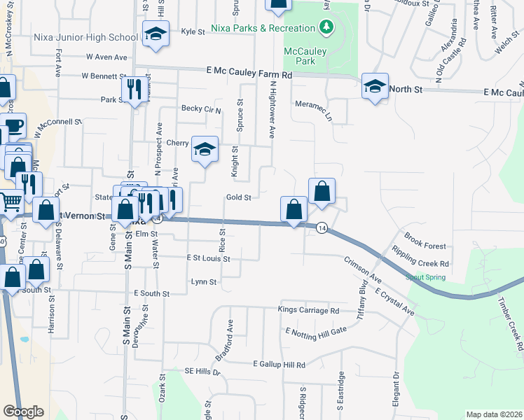 map of restaurants, bars, coffee shops, grocery stores, and more near 513 East Mount Vernon Street in Nixa