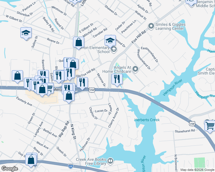 map of restaurants, bars, coffee shops, grocery stores, and more near 2 Monroe Drive in Hampton