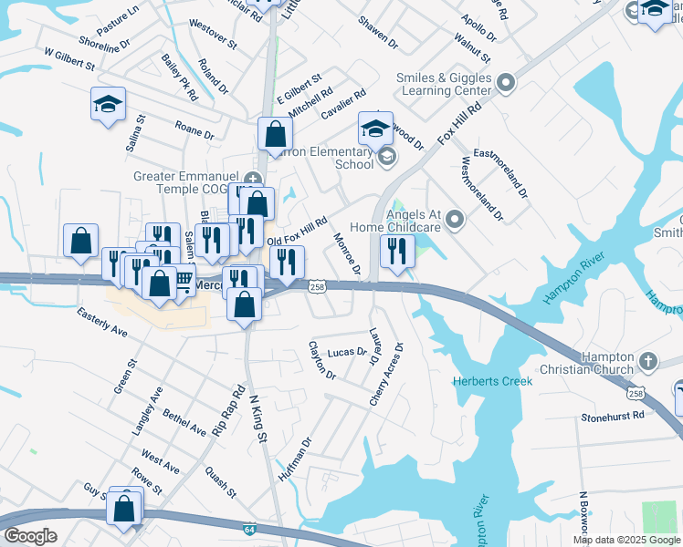 map of restaurants, bars, coffee shops, grocery stores, and more near 6 Gibson Road in Hampton