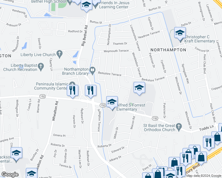 map of restaurants, bars, coffee shops, grocery stores, and more near 21 Lancaster Terrace in Hampton