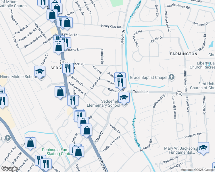 map of restaurants, bars, coffee shops, grocery stores, and more near 713 Willow Drive in Newport News