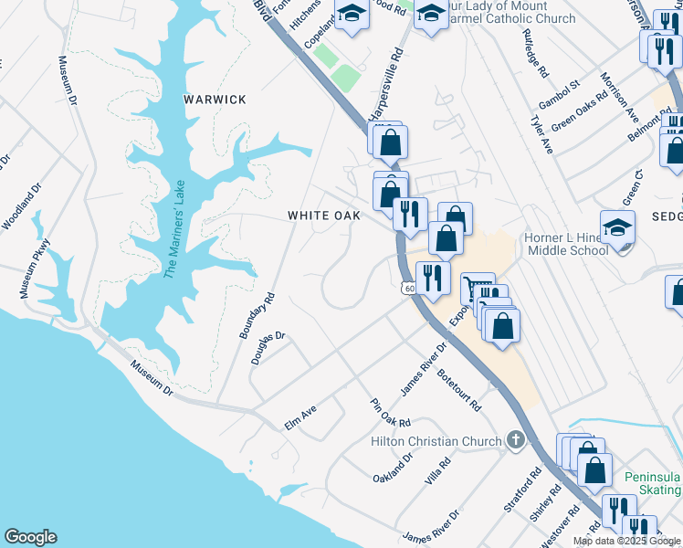 map of restaurants, bars, coffee shops, grocery stores, and more near 131 Nelson Drive in Newport News