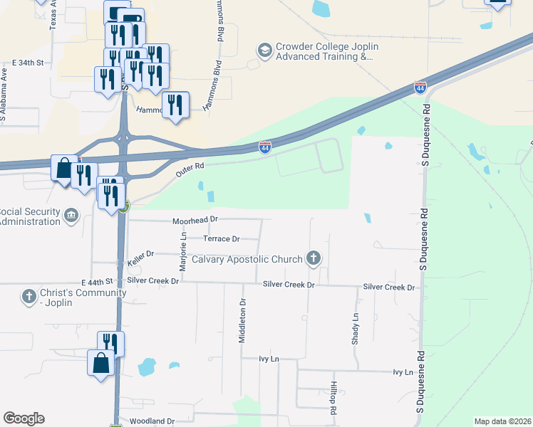 map of restaurants, bars, coffee shops, grocery stores, and more near 3301-3399 Moorhead Dr in Joplin