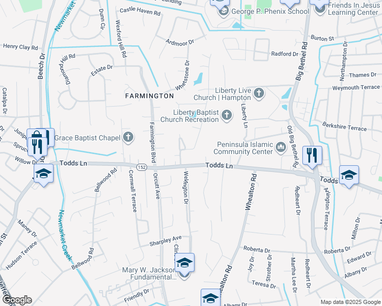 map of restaurants, bars, coffee shops, grocery stores, and more near 4 Sherry Dell Drive in Hampton