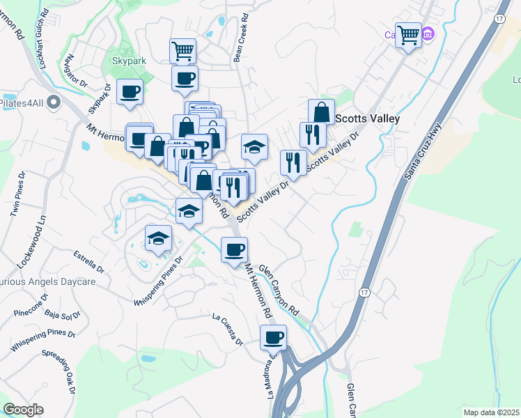 map of restaurants, bars, coffee shops, grocery stores, and more near 108 Thomas Terrace in Scotts Valley