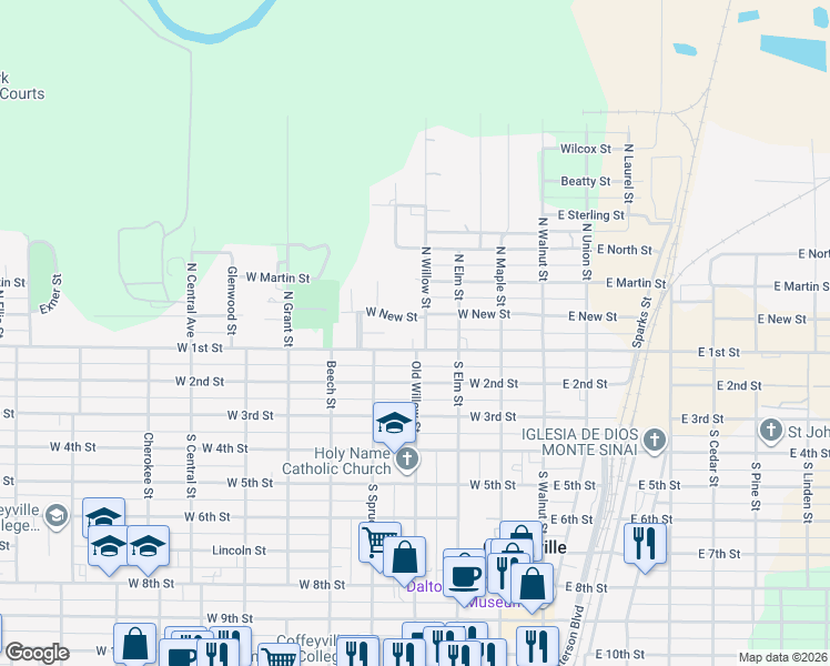 map of restaurants, bars, coffee shops, grocery stores, and more near 108 North Willow Street in Coffeyville