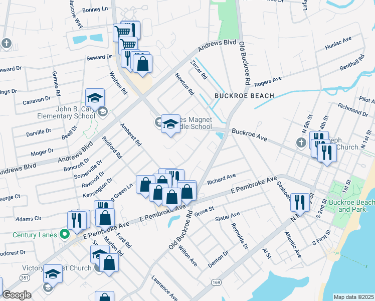 map of restaurants, bars, coffee shops, grocery stores, and more near 1805 Mehrens Court in Hampton