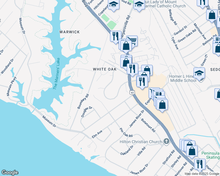map of restaurants, bars, coffee shops, grocery stores, and more near 131 Nelson Drive in Newport News