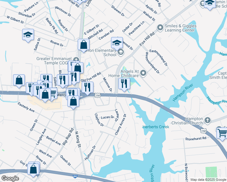 map of restaurants, bars, coffee shops, grocery stores, and more near 2 Monroe Drive in Hampton