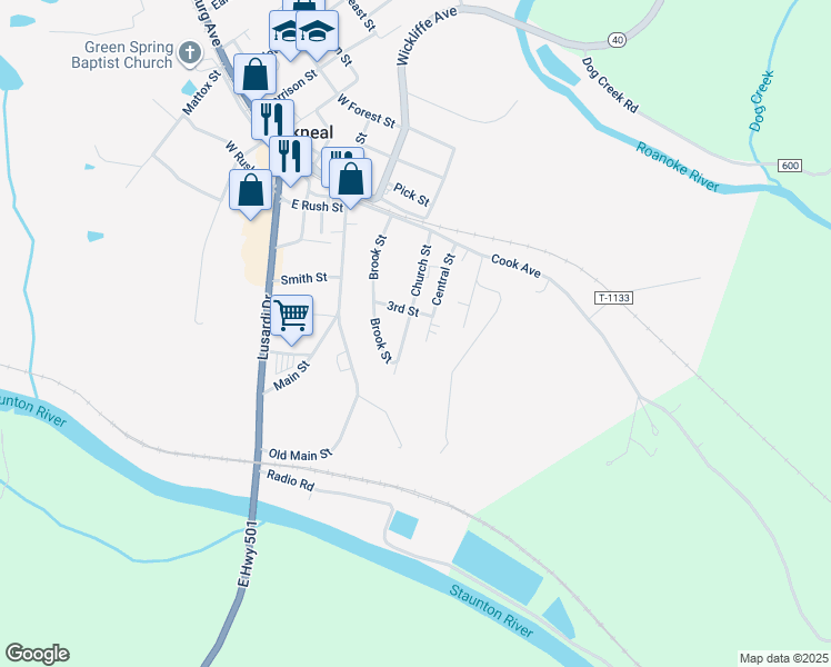 map of restaurants, bars, coffee shops, grocery stores, and more near 209 Church Street in Brookneal