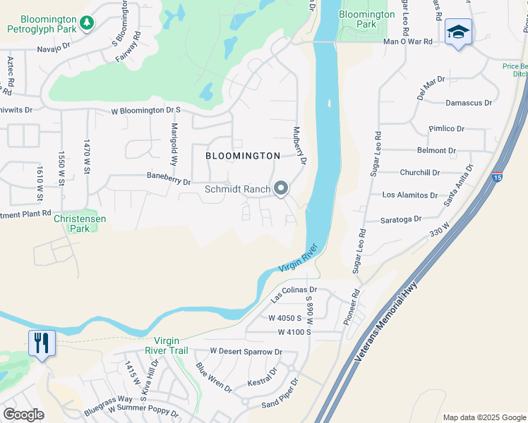 map of restaurants, bars, coffee shops, grocery stores, and more near 3763 Carribbean Circle in St. George