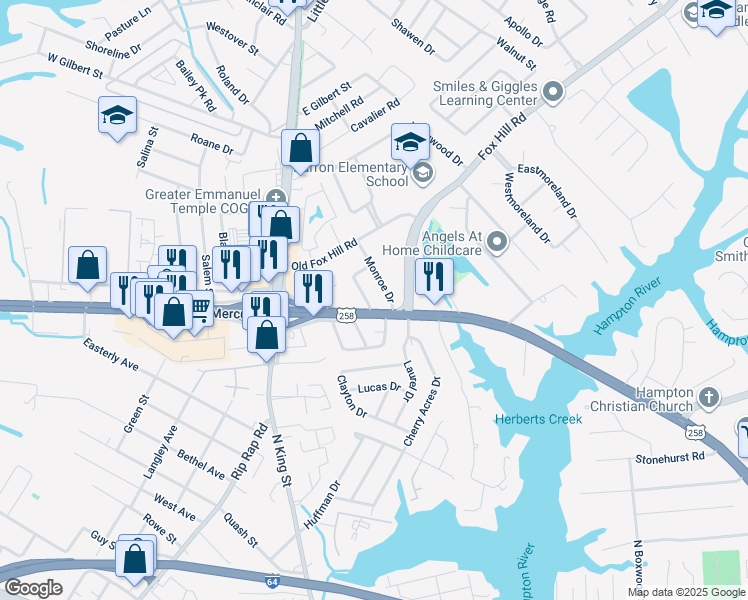map of restaurants, bars, coffee shops, grocery stores, and more near 6 Gibson Road in Hampton
