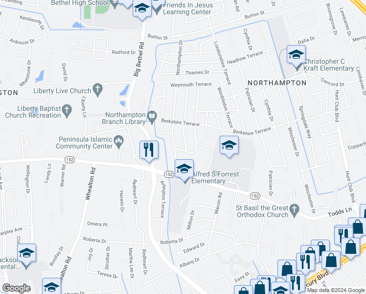 map of restaurants, bars, coffee shops, grocery stores, and more near 21 Lancaster Terrace in Hampton