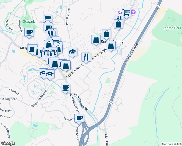 map of restaurants, bars, coffee shops, grocery stores, and more near 188 Oak Creek Blvd in Scotts Valley