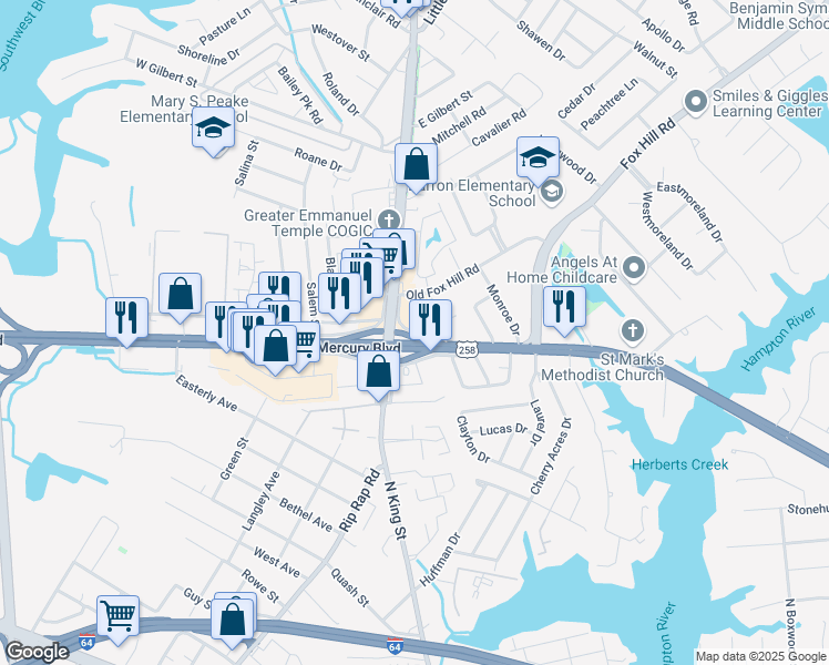 map of restaurants, bars, coffee shops, grocery stores, and more near Autozone Way in Hampton