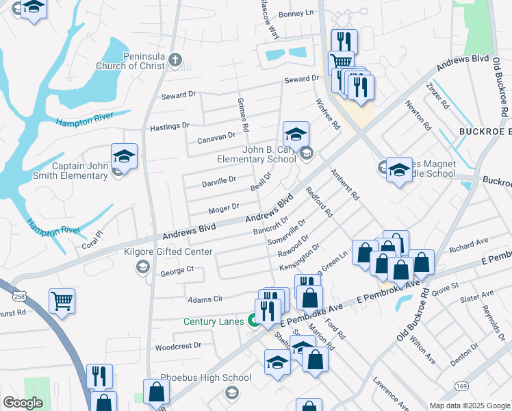 map of restaurants, bars, coffee shops, grocery stores, and more near 1840 Moger Drive in Hampton