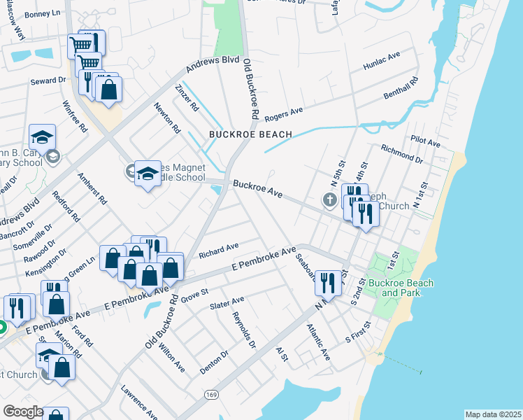 map of restaurants, bars, coffee shops, grocery stores, and more near 479 Seaboard Avenue in Hampton