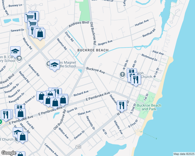 map of restaurants, bars, coffee shops, grocery stores, and more near 479 Seaboard Avenue in Hampton