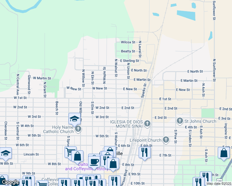 map of restaurants, bars, coffee shops, grocery stores, and more near 156 North Walnut Street in Coffeyville
