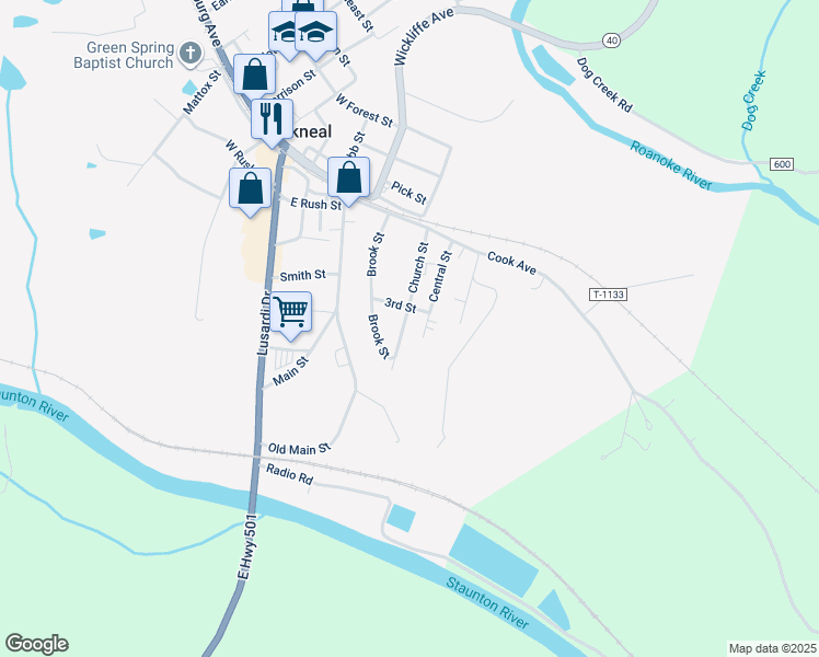 map of restaurants, bars, coffee shops, grocery stores, and more near 209 Church Street in Brookneal