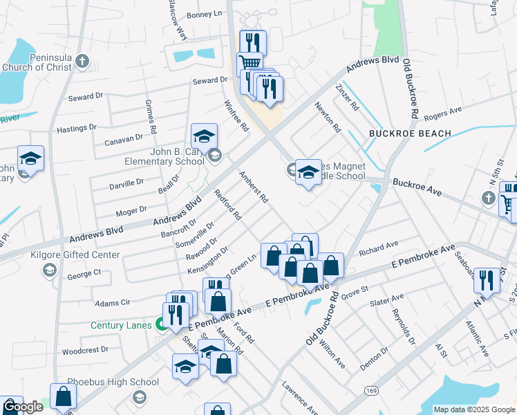 map of restaurants, bars, coffee shops, grocery stores, and more near 2010 Rawood Drive in Hampton