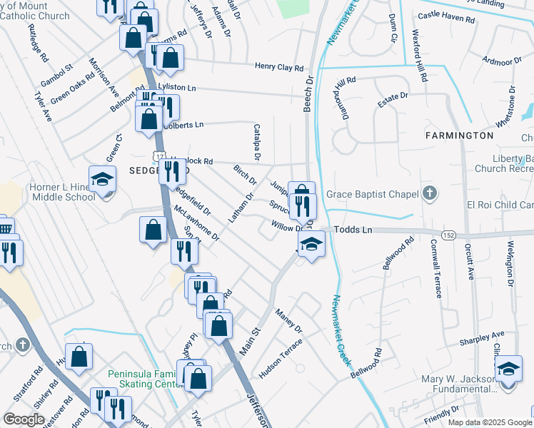 map of restaurants, bars, coffee shops, grocery stores, and more near 713 Willow Drive in Newport News