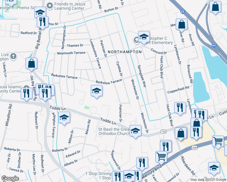 map of restaurants, bars, coffee shops, grocery stores, and more near 117 Patrician Drive in Hampton