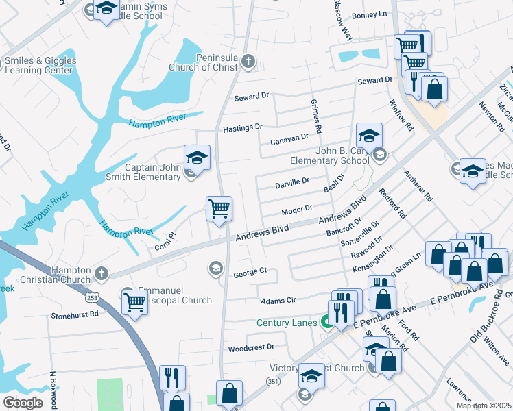 map of restaurants, bars, coffee shops, grocery stores, and more near 1305 Addison Road in Hampton