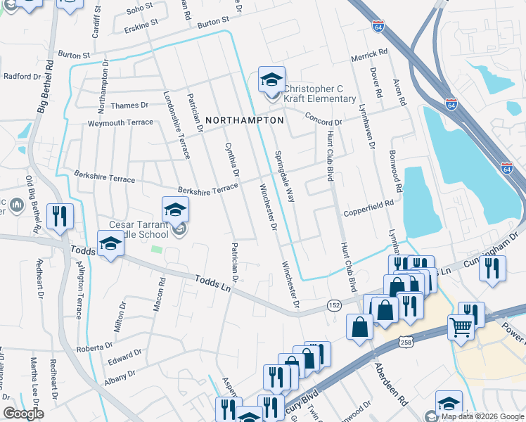 map of restaurants, bars, coffee shops, grocery stores, and more near 151 Winchester Drive in Hampton