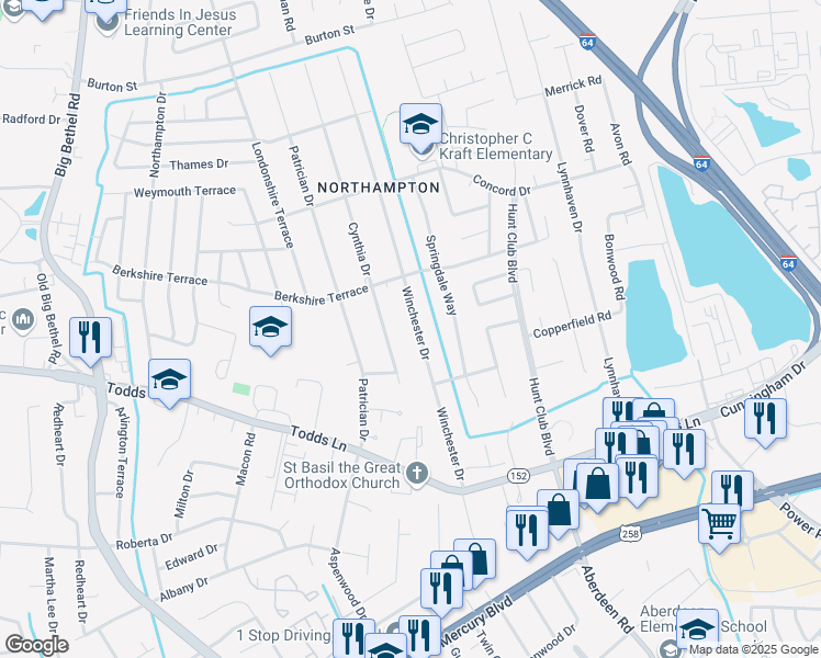 map of restaurants, bars, coffee shops, grocery stores, and more near 151 Winchester Drive in Hampton