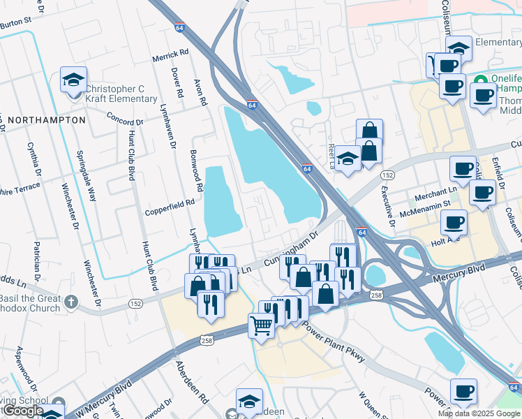 map of restaurants, bars, coffee shops, grocery stores, and more near 61 Twin Lakes Circle in Hampton