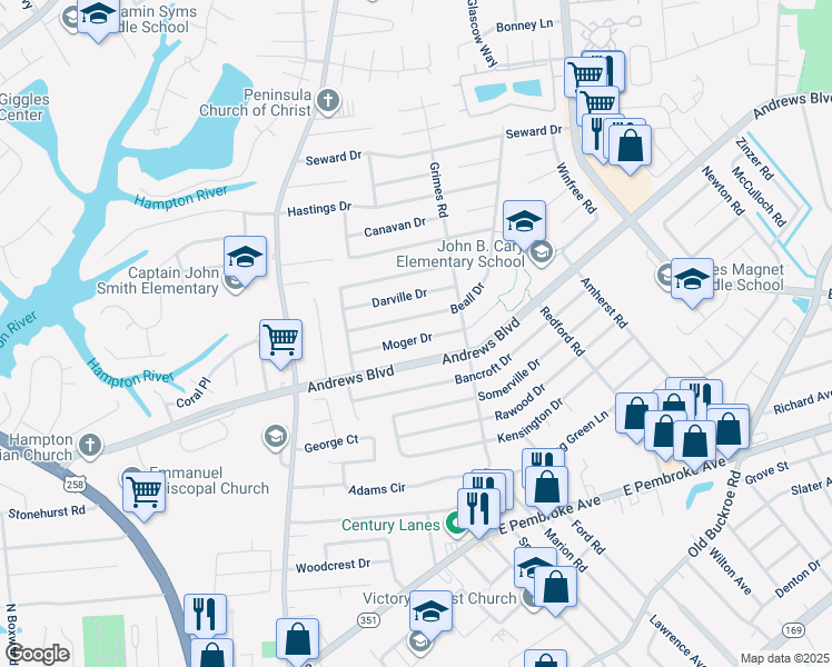 map of restaurants, bars, coffee shops, grocery stores, and more near 1821 Moger Drive in Hampton