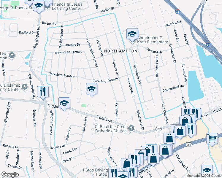map of restaurants, bars, coffee shops, grocery stores, and more near 117 Patrician Drive in Hampton