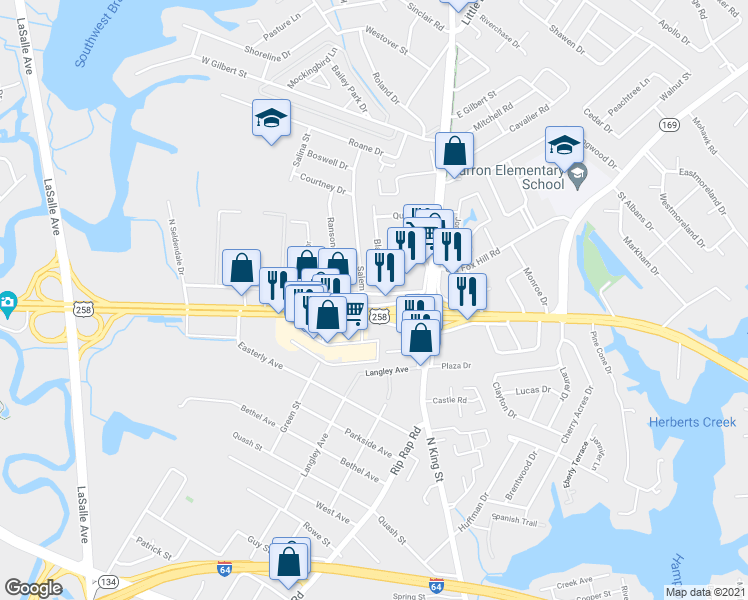 map of restaurants, bars, coffee shops, grocery stores, and more near 30 W Mercury Blvd in Hampton